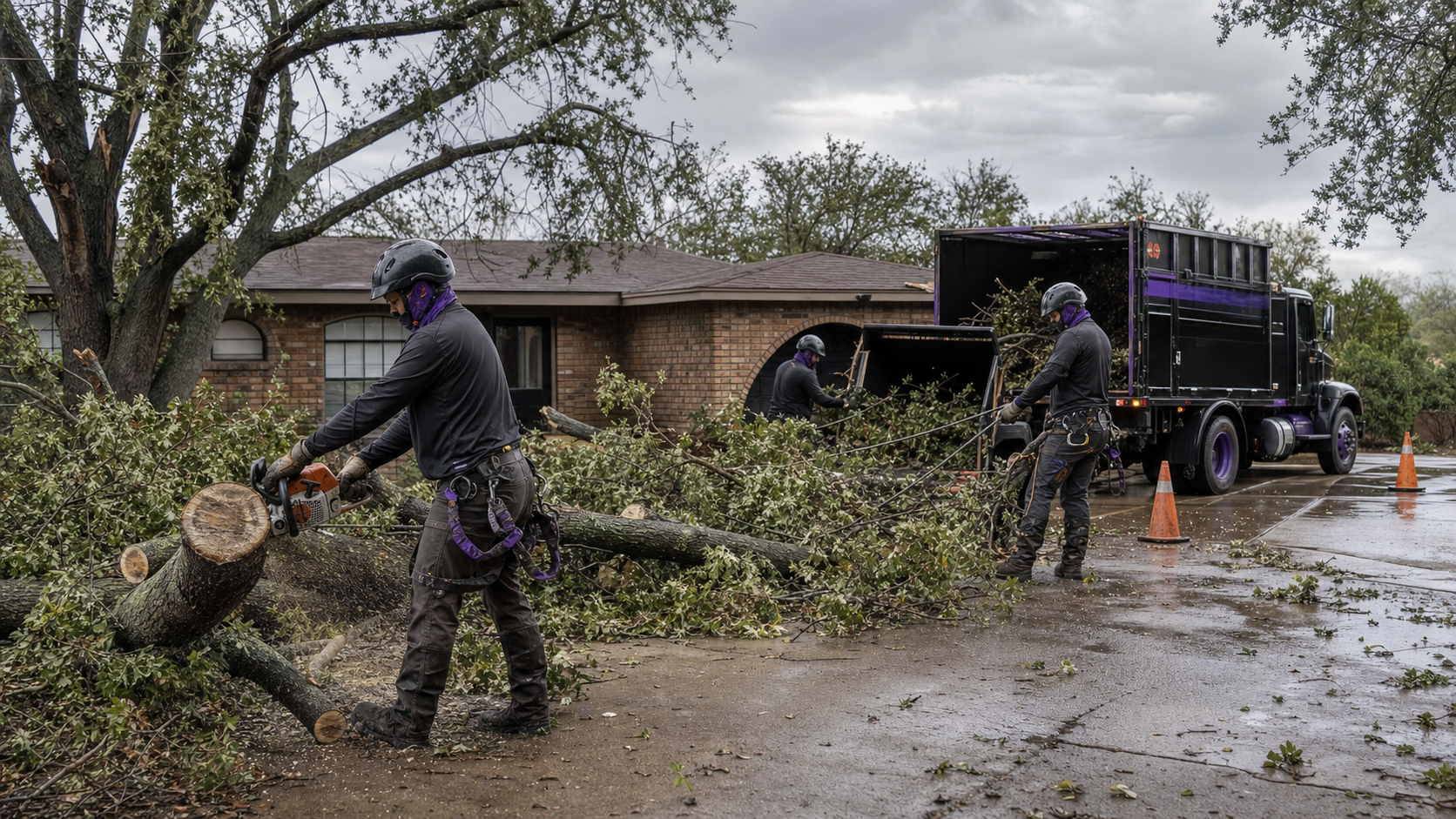 Storm-damaged limbs blocking a residential driveway